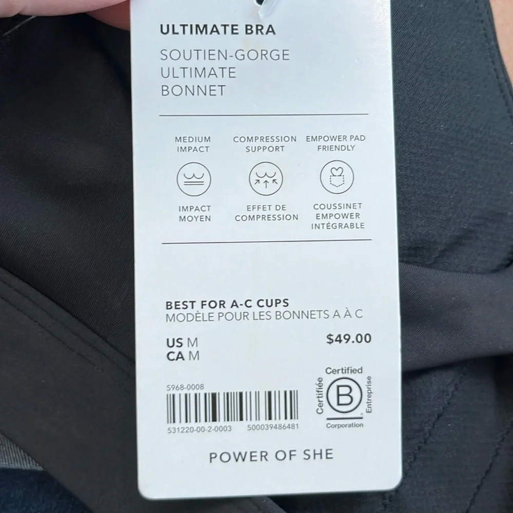 NWT Athleta Ultimate Black Bra Size Medium (Best for A-C Cups)